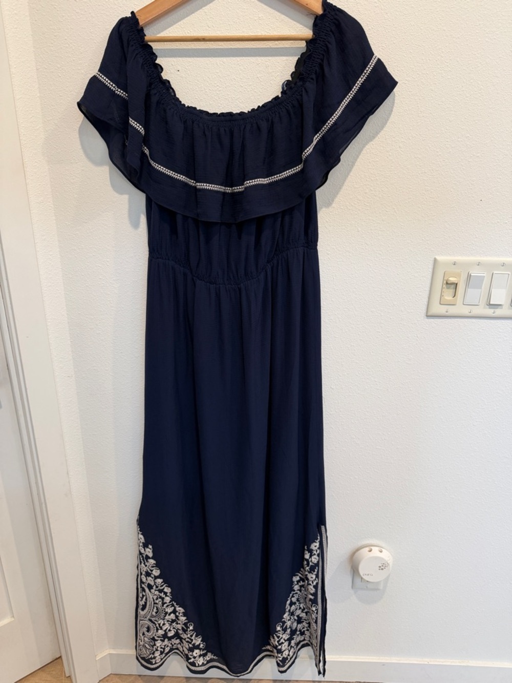 Sugarlips Navy Blue Off-Shoulder Maxi Dress with Embroidered Hem